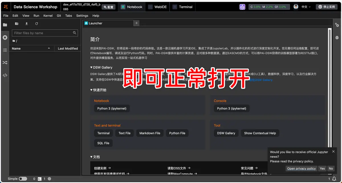 到这个界面即为打开实例成功